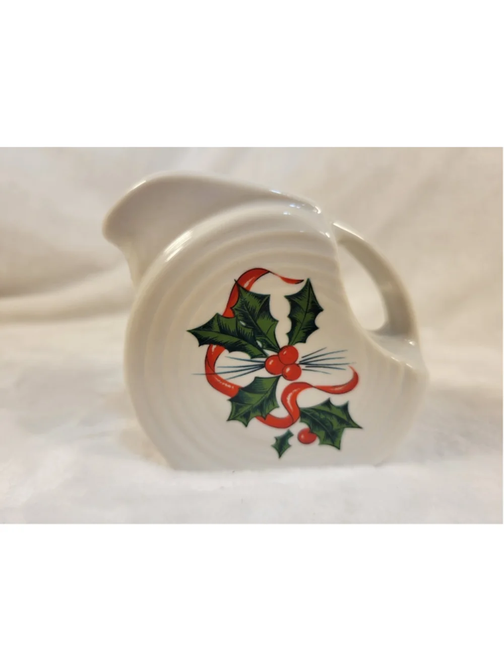 FIESTA Mini Disc Disk Pitcher Holly Ribbon Christmas Creamer White 3.25